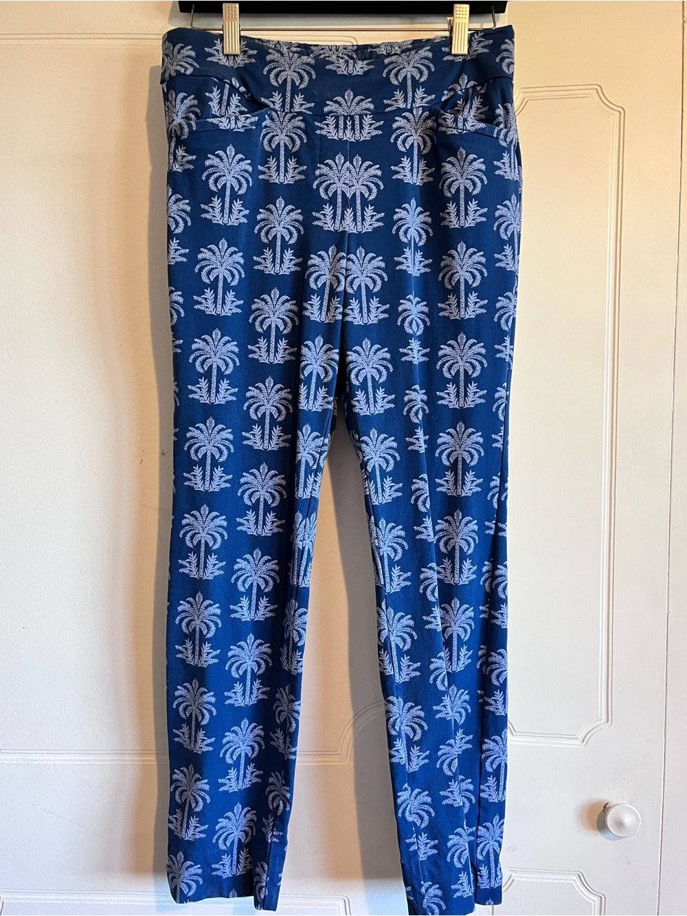 Spartina 449 Maren Blue Palm Tree Pull-On Pant Size Large Beach Vacation W/ Flaw